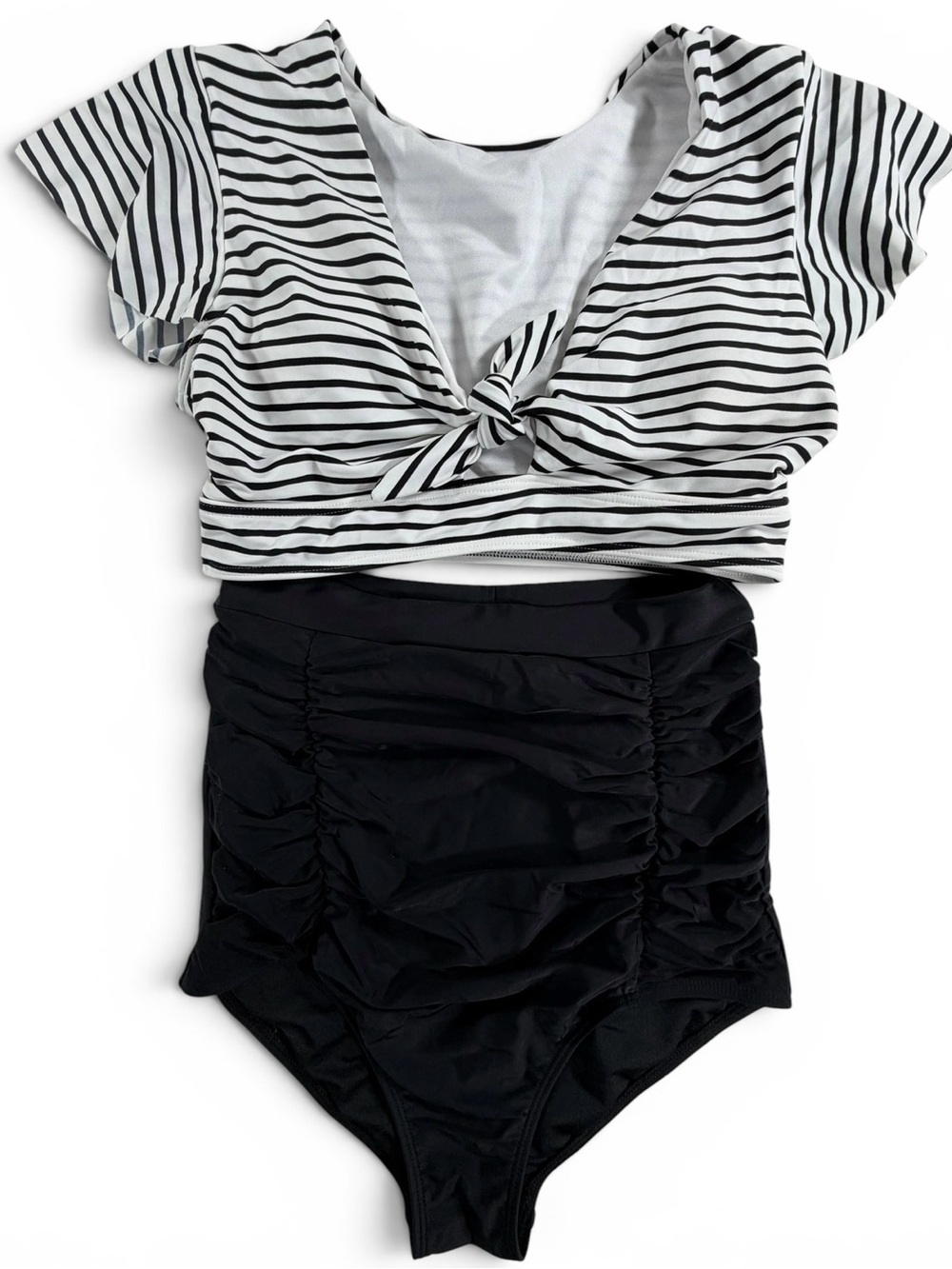 Cocoship Medium Retro Black White Stripe‎ Tie Front Bikini Set High Waist